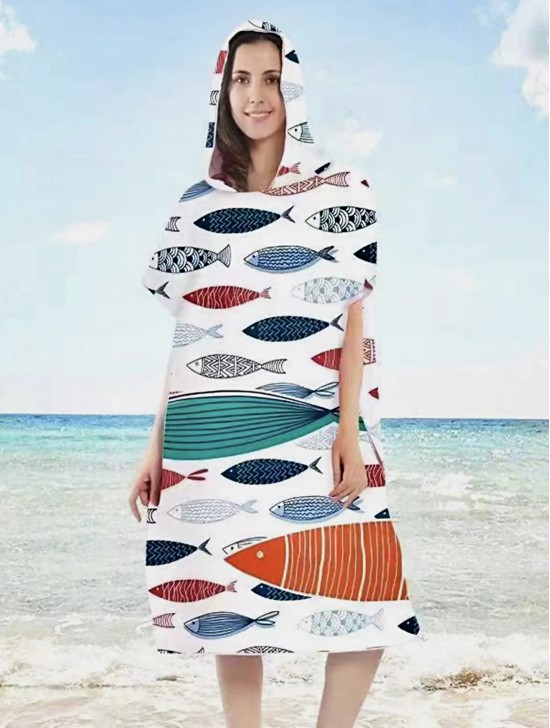 Ladies Fashion Print Beach Towel Robe  W/ Hood